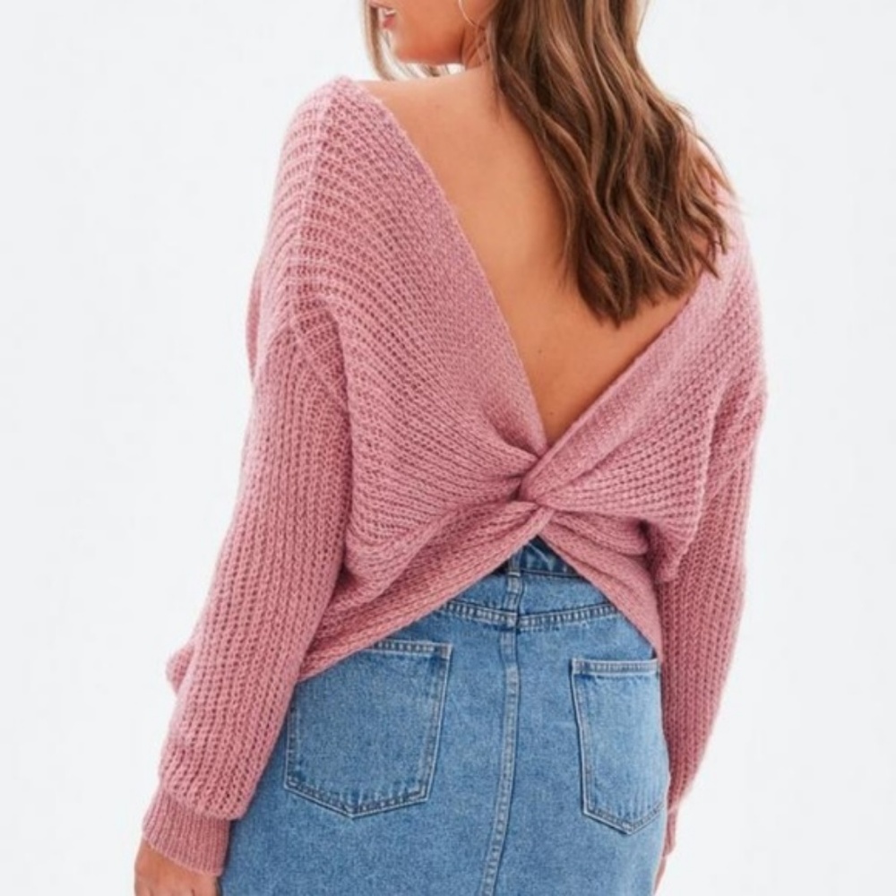Missguided Pink Fluffy Yarn Twist Back Sweater NEW